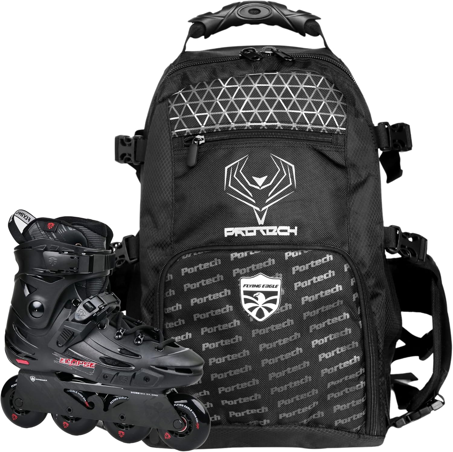 Flying Eagle Inline Skates Bundle – F5S+ Eclipse Pro Black Skates (Size 43) & Durable White Skate Backpack for Men & Women – Ideal for Freestyle, Urban Skating, Daily Commute, and Travel