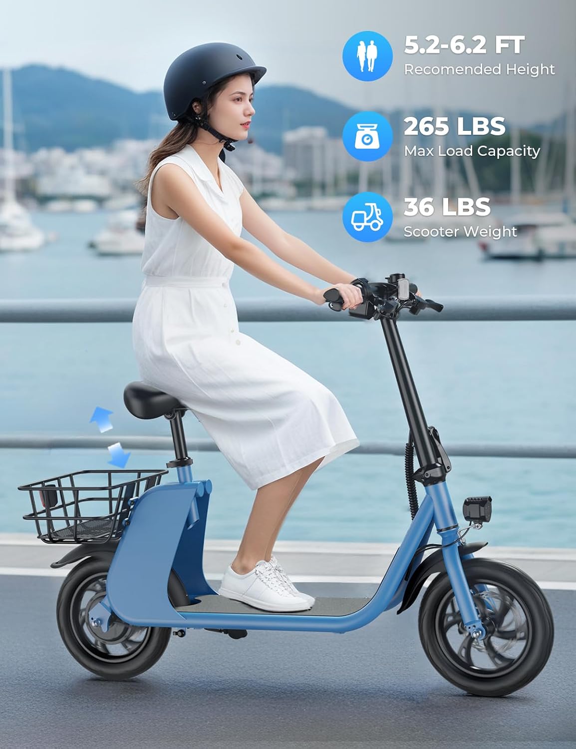 Windhorse Electric Scooter with Seat for Adults, 650W Peak Motor Up to 15.5 MPH & 20 Miles Range, Foldable Commuter E-Scooter with Dual Baskets for Pets & Cargo, 12.5