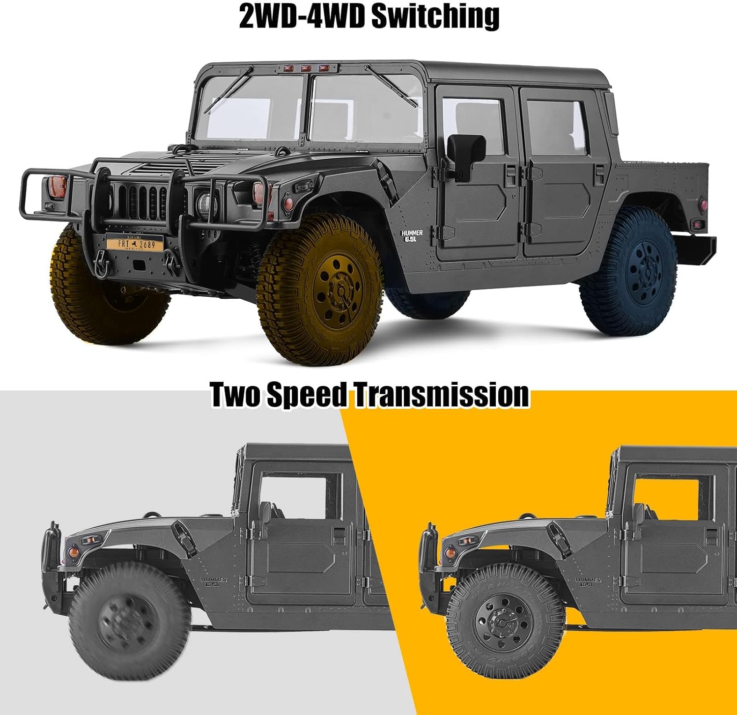 FMS 1/12 HMMWV H1 RC Crawler, 2/4WD Switch Off-Road RC Model Car, Remote Control Cars with 2 Speed Transmission, 20pcs LED Lights for Adults, RS (Yellow)