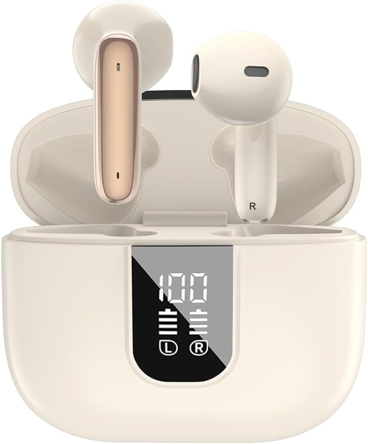 Wireless Earbuds Bluetooth 5.3 Headphones,LED Power Display Headphones Bass Stereo,ENC Noise Cancelling & Dual Microphone,20H Playtime for TV Smart Phone Laptop Computer Sports,Beige