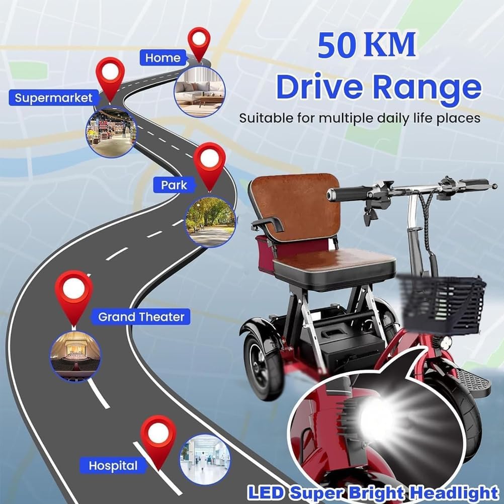 3-Wheel Mobility Scooter with Comfortable Seat Lightweight Travel Folding Electric Mobility Scooters Ideal for Adults Elderly and Those with Mobility Difficulties,20AH