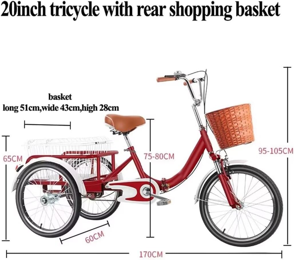 Folding Elderly Tricycle with Shopping Basket,Adult Rickshaw Pedal Tricycle,Leisure Vehicle,20inch Cargo Trike with Rear Steel Basket,Shock Absorber Front Fork (Red 20 in)