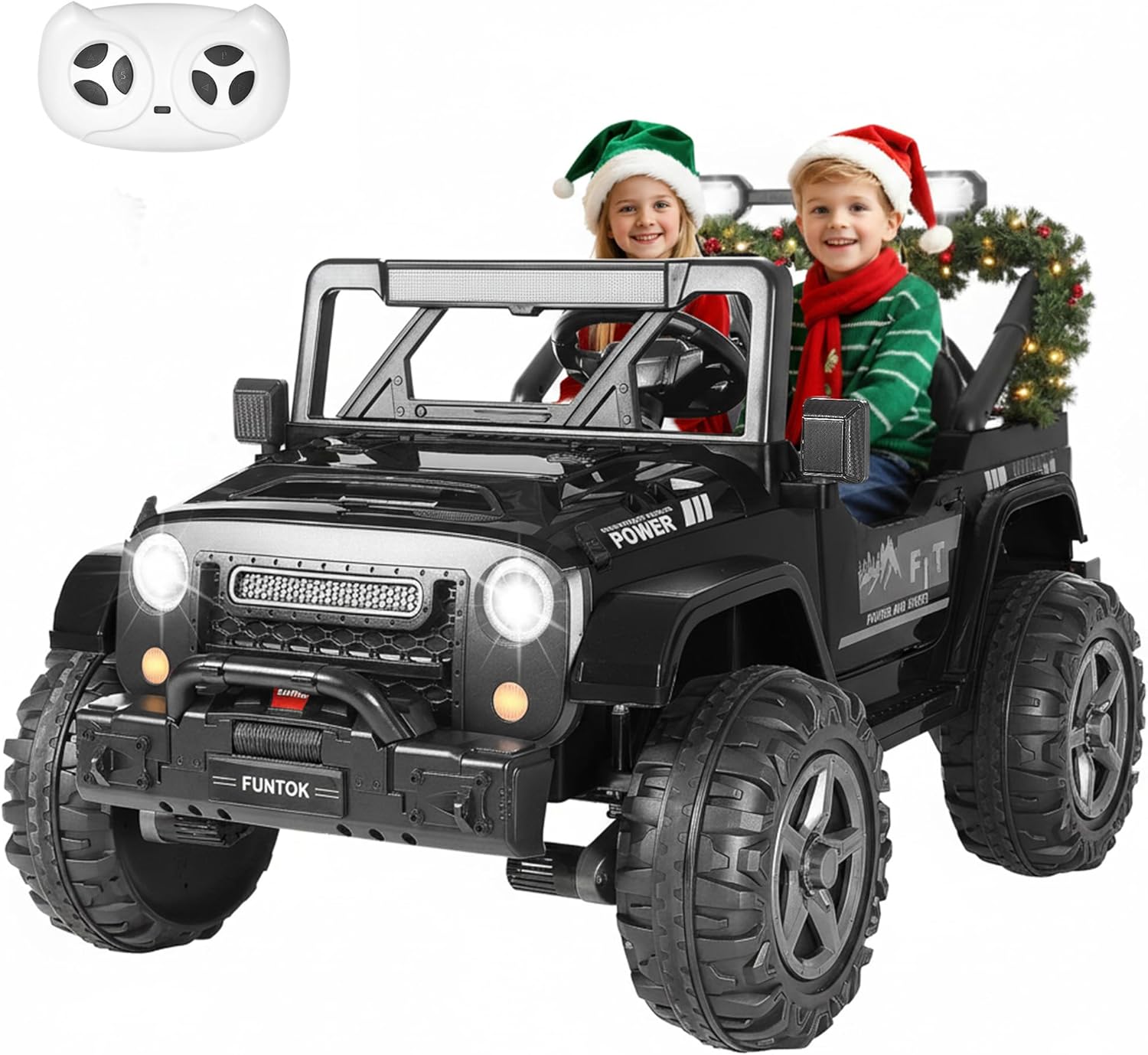 FUNTOK 24V 2 Seater Ride On Toys for Big Kids, XL 4WD Kid's Electric Vehicles w/Remote Control, 4x200W Motors, Max 5 MPH, 20'' Seat, Truck Bed Storage, Bluetooth, Drivable Cars for Kids Ages 3-8