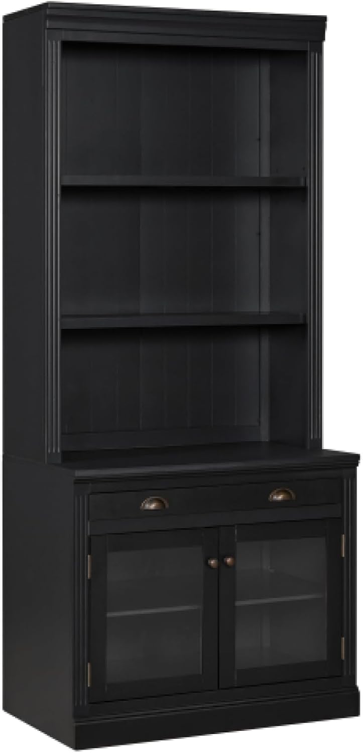 Bookshelf Modern Open LED Lighting Bookcase with 2 Glass Doors and Drawer Shelves Storage Organizer for Living Room Home Office