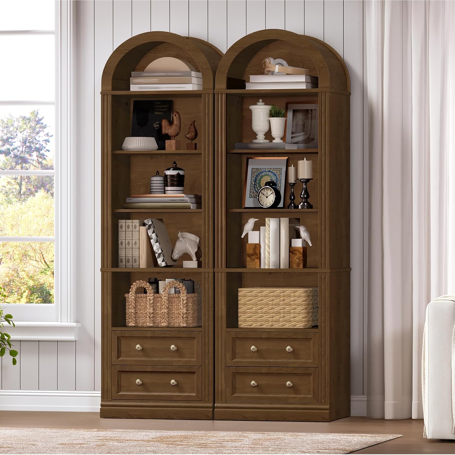 RALGEND Tall Narrow Bookshelf Set of 2, Arched Bookshelf with 2 Drawers, 7-Tier Farmhouse Arch Bookcase, Wooden Book Shelf with Open Display Shelves for Office, Living Room, Kitchen, Walnut