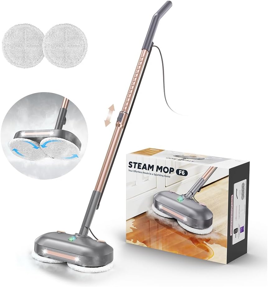 Scrubbing Steam Mop with Rotating Pads, All-in-One Spin Steam Cleaner for Floor Cleaning, Large Tank, 23FT Cord, LED Headlights, Reusable Pads & Self-Standing, Safe for Hard Floor/Laminate/Marble