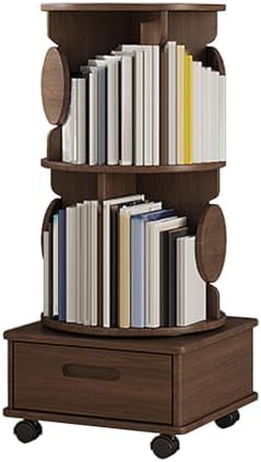 Small Bookshelf with Storage Drawer for Small Spaces Corner Rotating Bookshelf 360 Display 2-4 Tier Revolving Bookcase with Brake Wheels for Bedroom Living Room Study Room (Color : Walnut, Size : Th