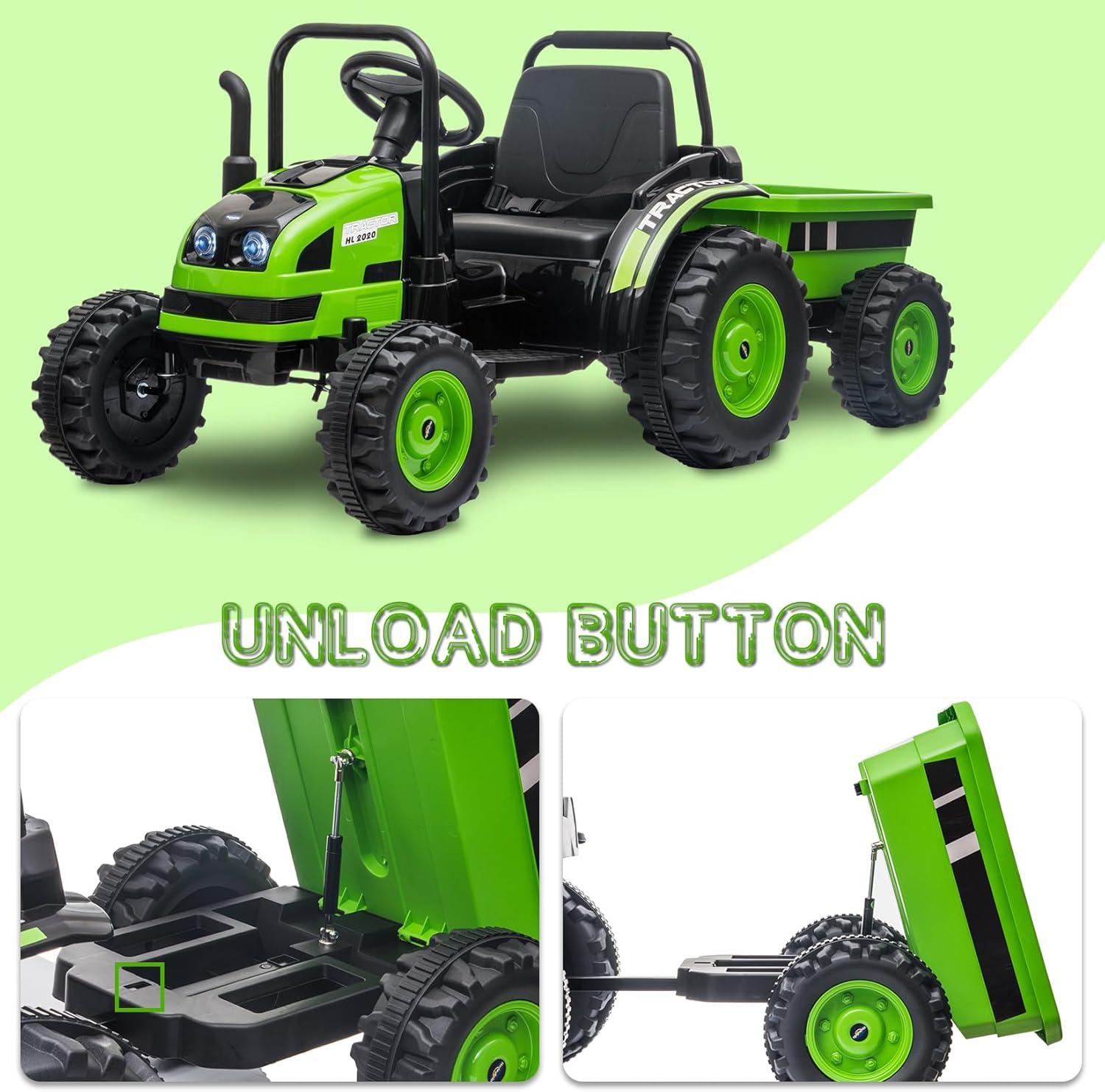 Electric Ride On Tractor Car for Kids, RC Truck with Dump Trailer, 35W Dual Motors, Parent Remote Control, Safety Belt, LED Lights, Toys for Toddlers Boys Girls