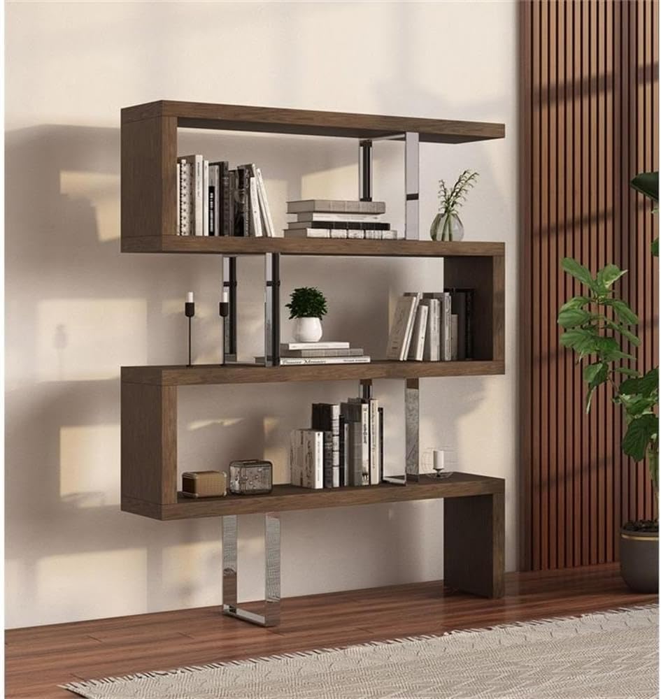 Modrest Maze Modern Wood & Stainless Steel Bookcase in Walnut Finish