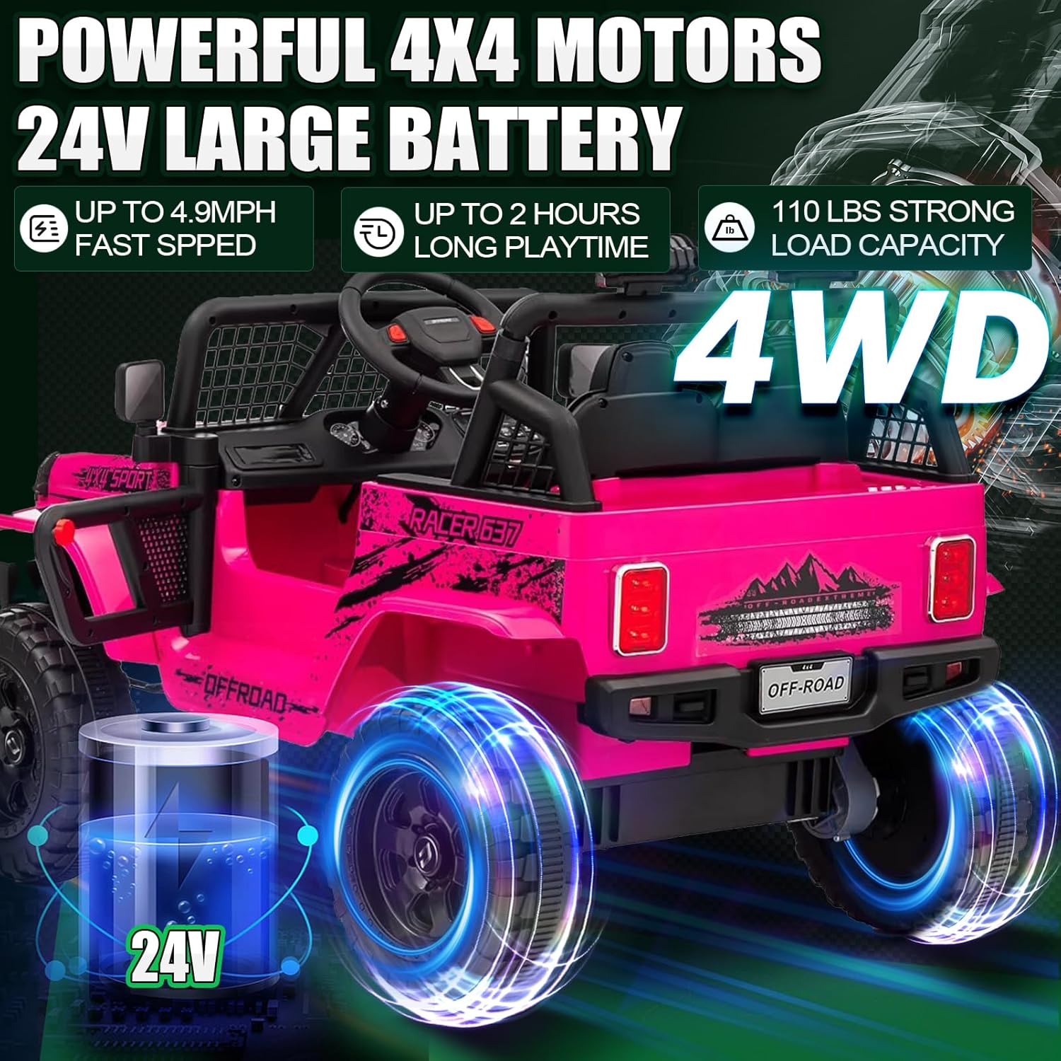 24V Ride on Car Truck w/Remote Control, VeezyGo 4WD Kids Electric Vehicle 2 Seater, 3 Speed, Bluetooth Music, Led Light, Storage Box, Battery Powered Wheels Truck for Boys, Girls, Birthday, Rose Red