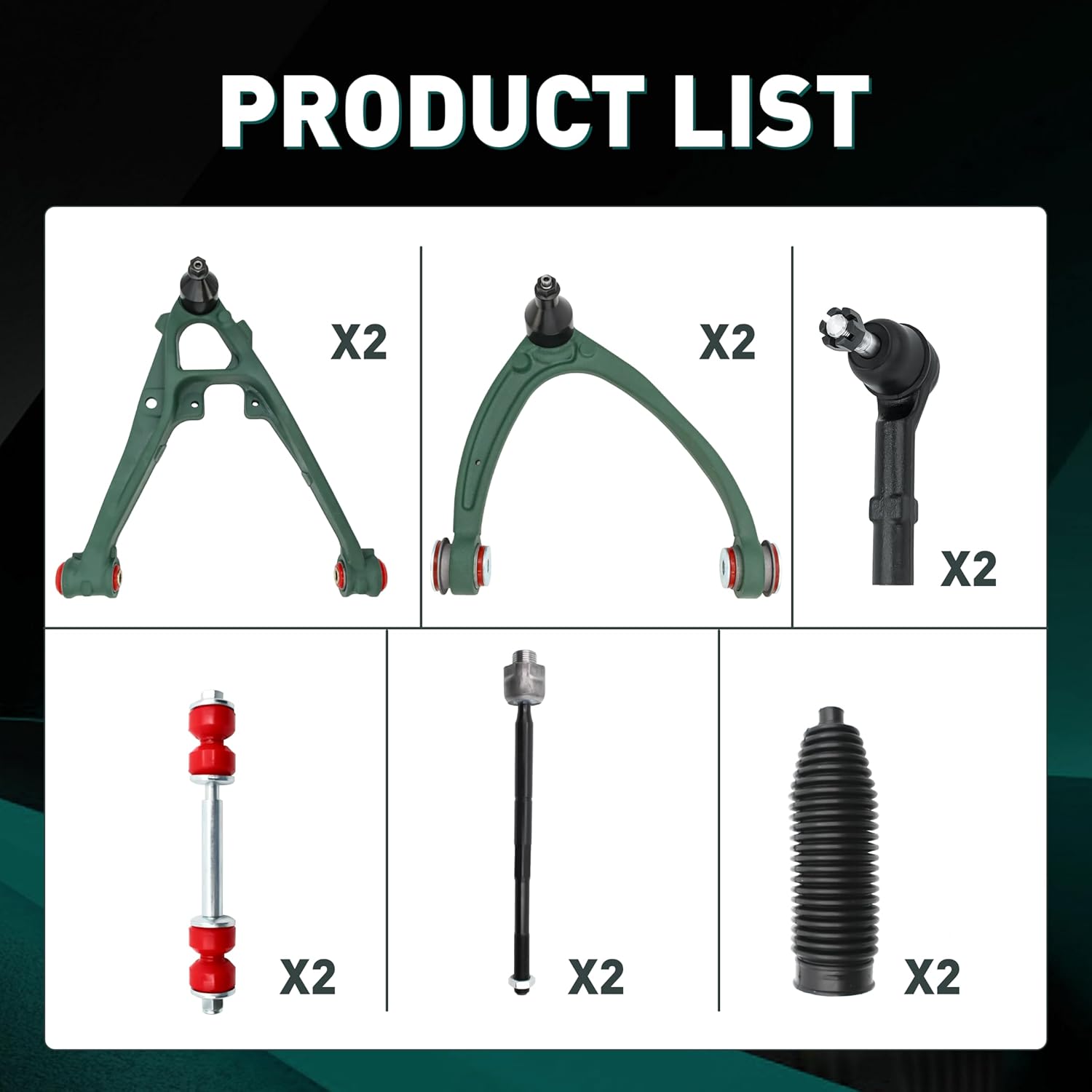 Front End 12pc Control Arms Suspension Kit for GMC Chevy Silverado Sierra Yukon XL Suburban 1500 Tahoe Avalanche Escalade ESV EXT, 4 Control Arms w/Ball Joints 4 Tie Rods 2 Sway Bars 2 Boots