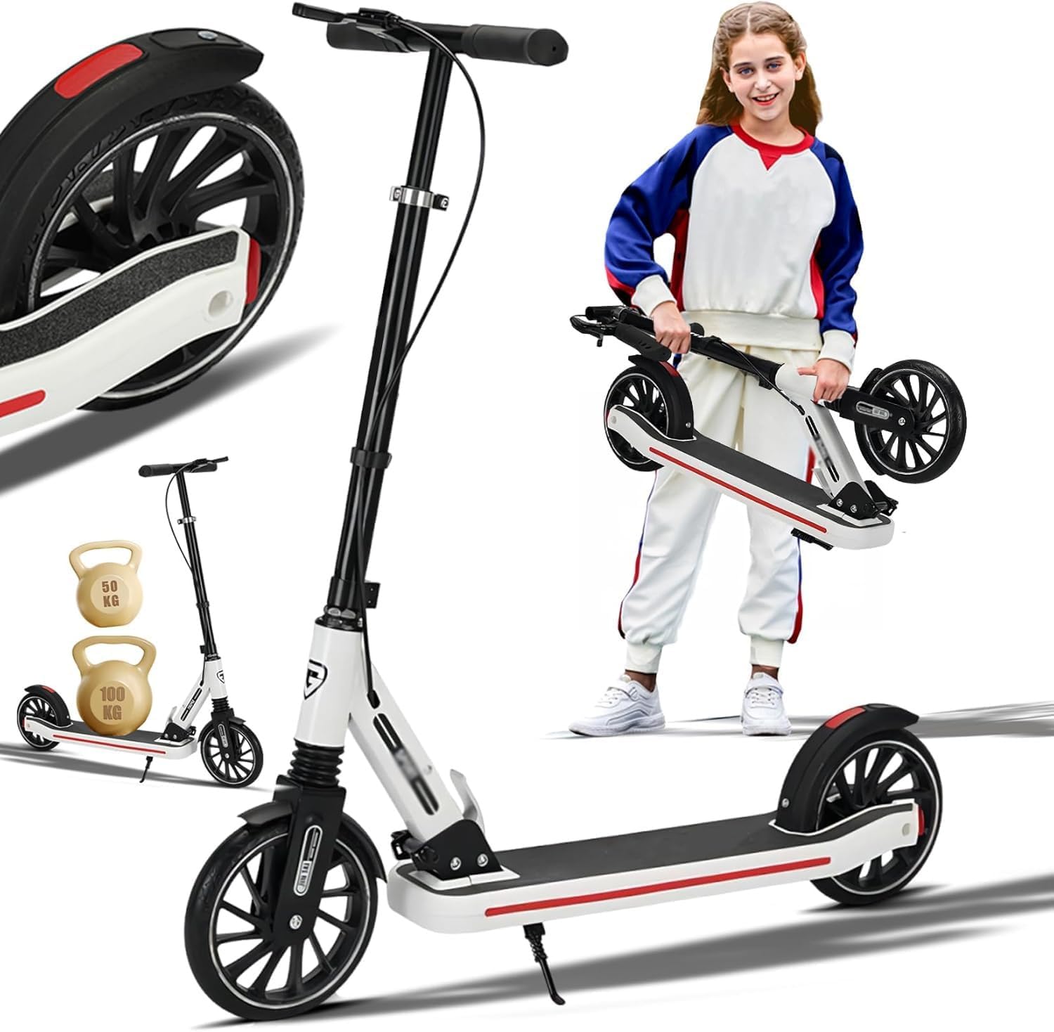 Scooter 8IN Solid Tires Big Wheels for Kids,3 Handle Height Adjustable Levels,with Double Braking System,Foldable Scooter for Ages 6+,Kid,Teens & Adults White