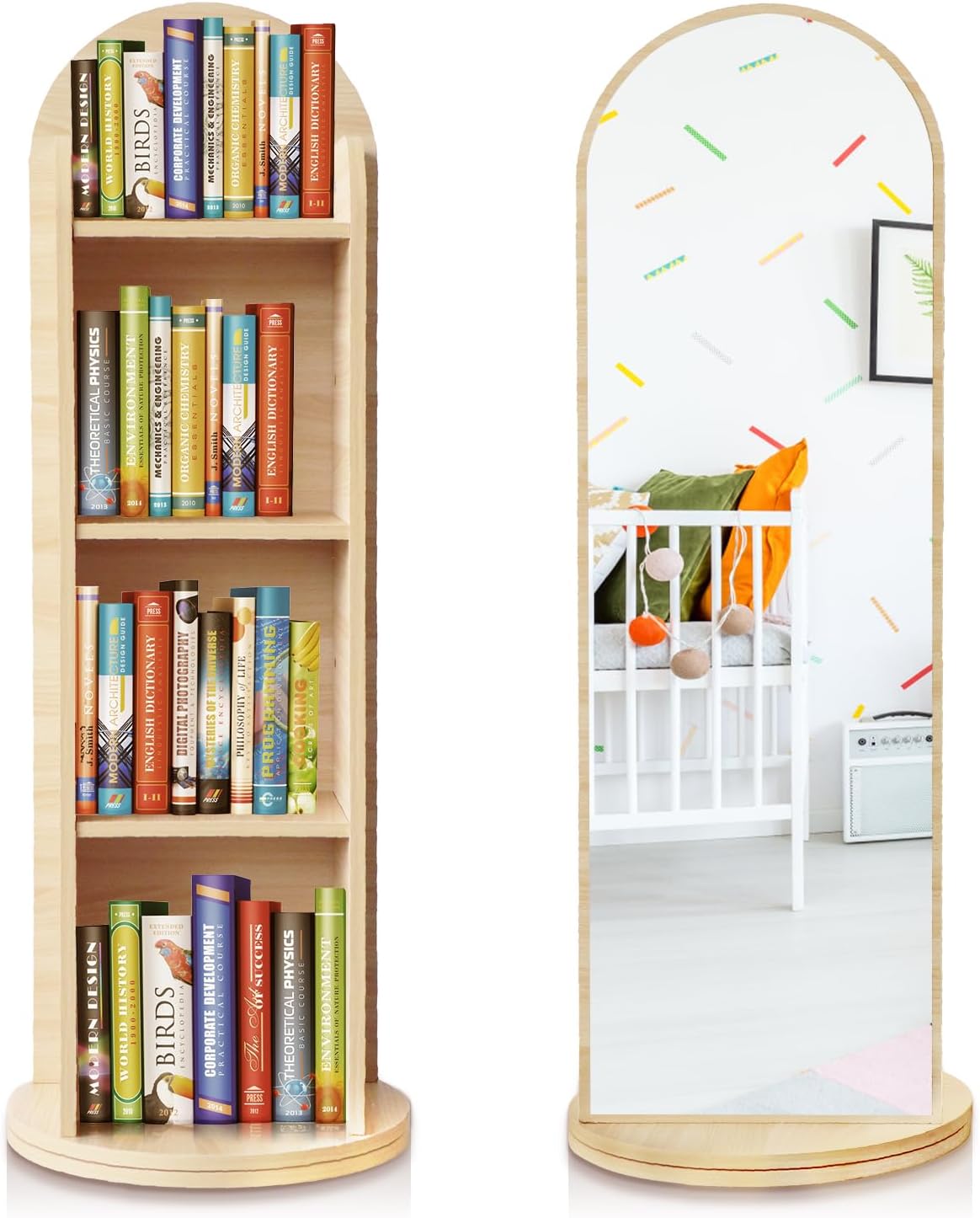 DELEMODUO Kids Rotating Bookshelf with Mirror, 48inch Wood Stading Floor Bookshelf for Small Space, 4 Tier Floor Standing Bookcase Storage Rack for Bedroom, Living Room, Study Room