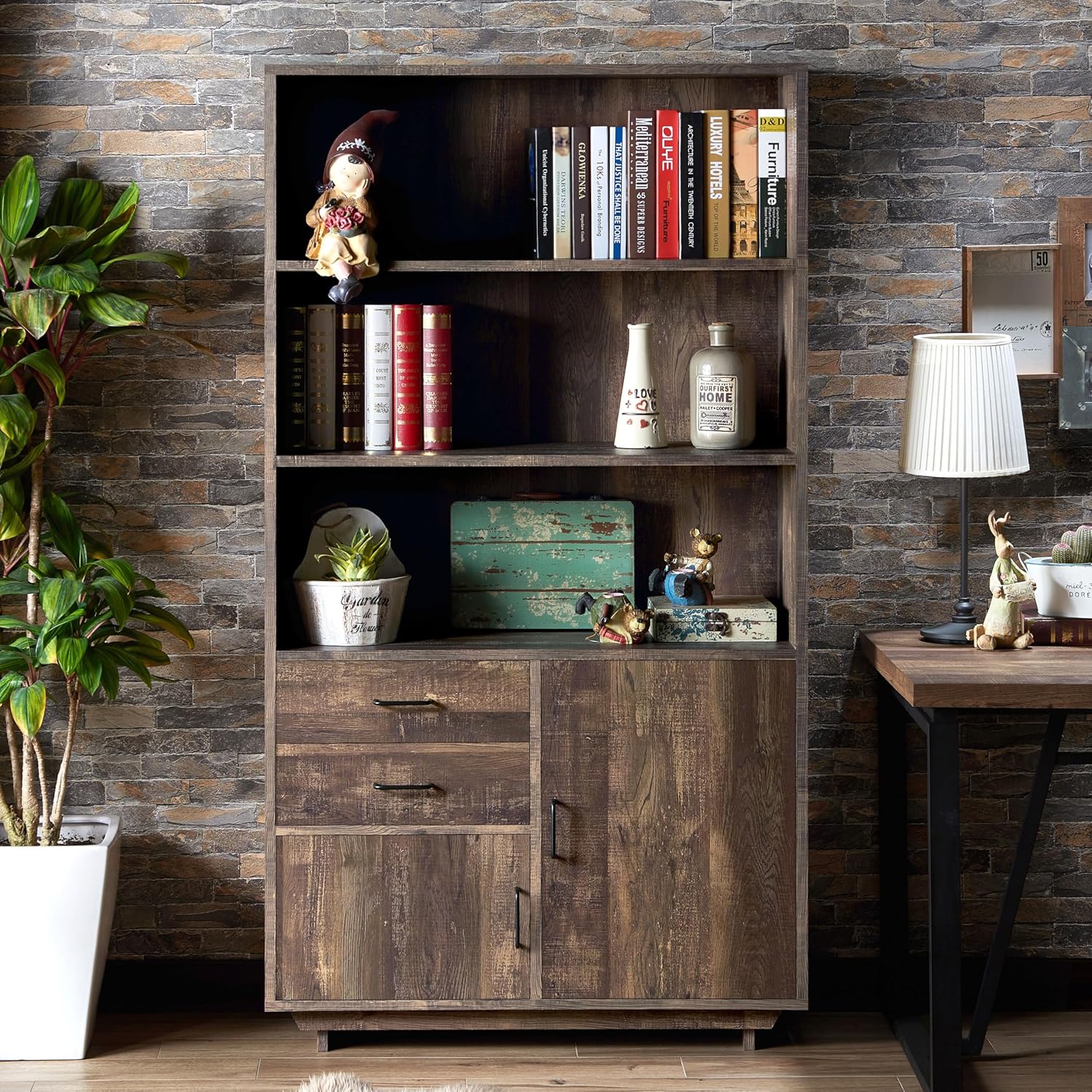 HOMES: Inside + Out Leah Rustic 70 inch High Bookcase with Drawers, Open Shelves and Storage Cabinet, Wood Bookshelf for Living Room, Hallway, Office, Corridor, Reclaimed Oak