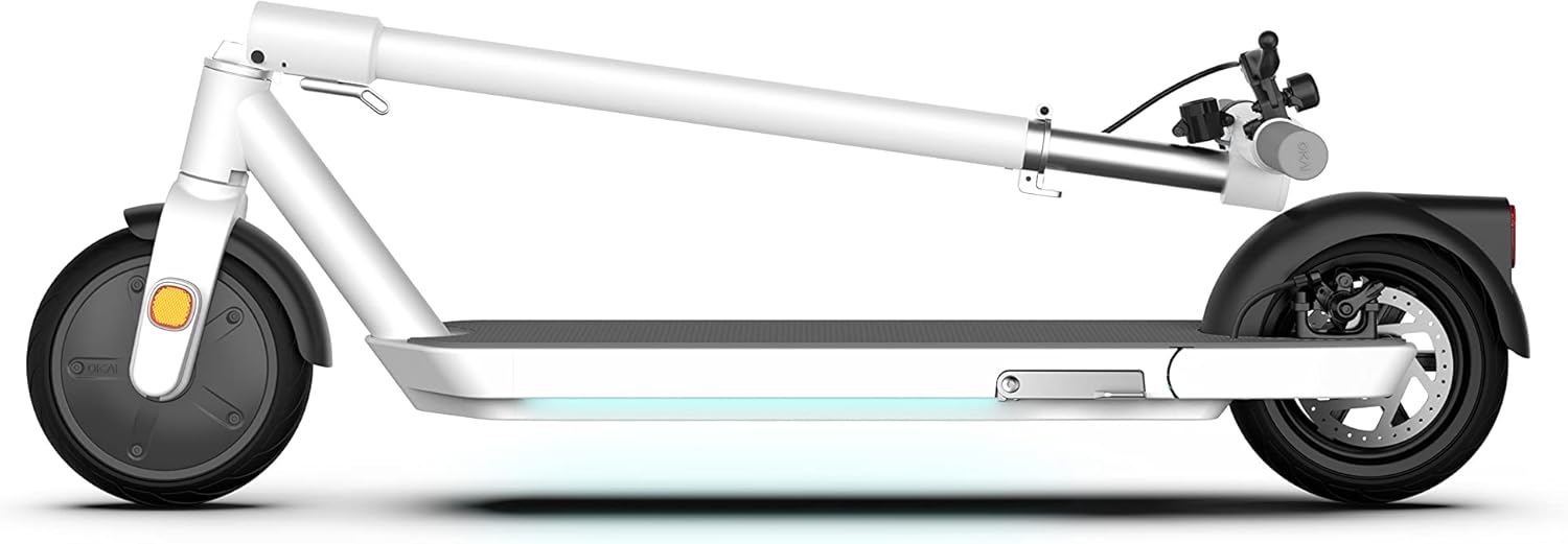 OKAI NEON Electric Scooter with Atmospheric Lights - 25 Miles Range & 15.5 Mph - Lightweight Folding Commuter E Kick Scooters for Adults (White)