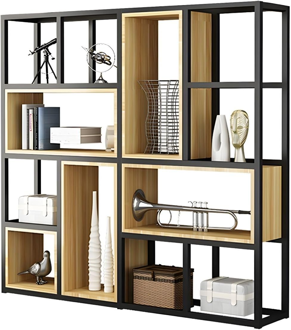 KWOKING Wood Industrial Cube Bookcase with Shelves & Open Back Iron Bookshelf Floor Steel & Wood Shelf Multi-Layer Shelf Storage Rack Office Partition Display Rack Natural 63