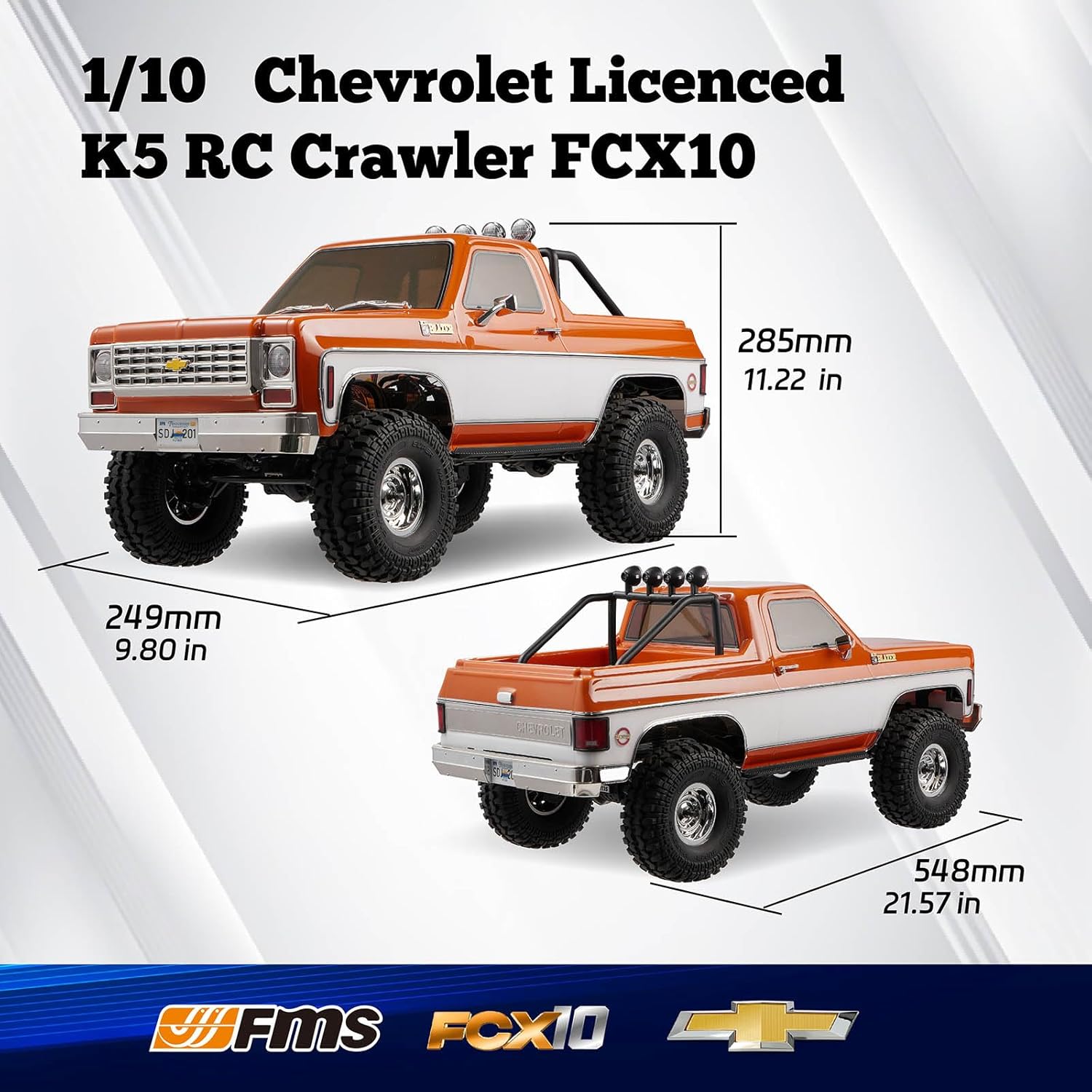 FMS 1/10 RC Crawler FCX10 Chevy K5 Blazer Officially Licensed Car Model RC Pickup Truck Hobby RC Offroad Rock Truck DIG/4WD/FWD 11CH 2.4GHz Remote Control Car for Adults Included RS (Orange)