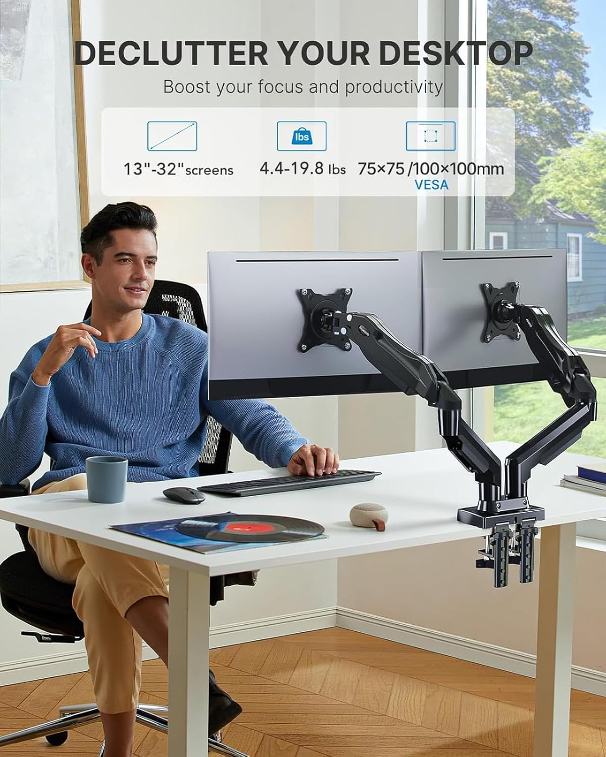 HUANUO Dual Monitor Stand for 13 to 32 Inch Computer Screens with Standing Desk Frame with 220lbs Powerful Brushless Motor