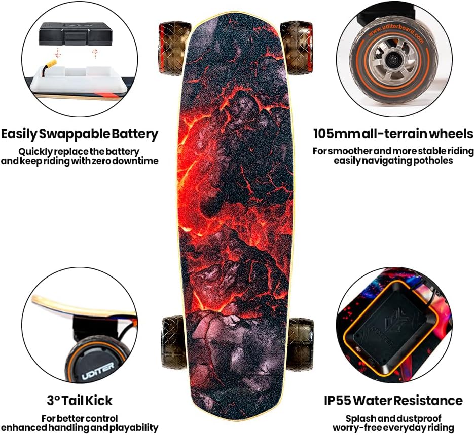 Electric Skateboard with Remote, Max 600W×2 Hub-Motors, Swappable Battery, Up to 28 MPH, 12–25 Miles Range, 4 Speed Modes, Electric Longboard for Adults & Beginners (Flamo / S3 / Pixel Series)