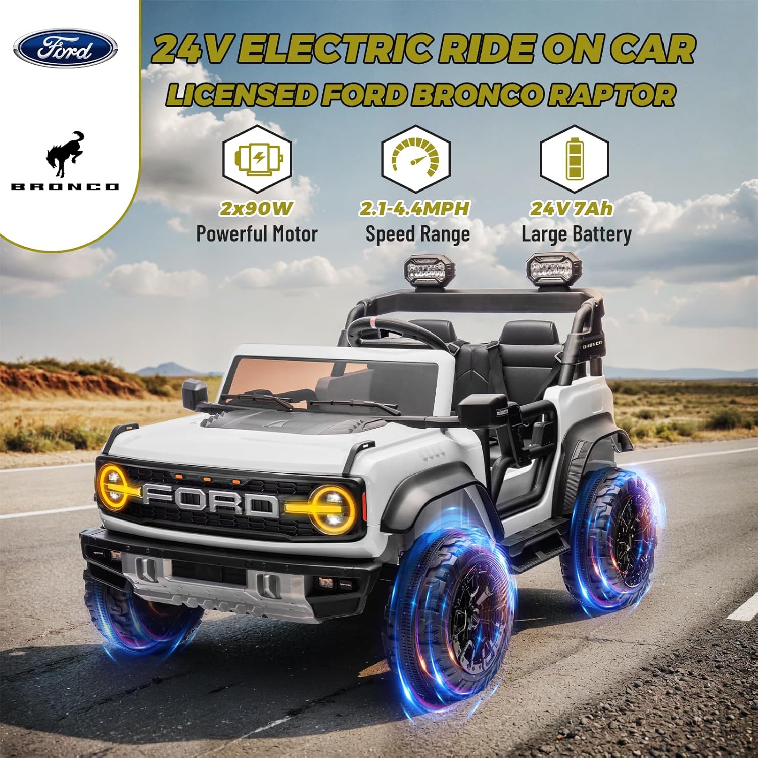 ENYOPRO 24V 2 Seater Ride On Toys for Kids, Licensed Ford Bronco Raptor Toddlers Electric Ride On Car w/Remote Control, Safety Belt, LED Lights, Spring Suspension, Bluetooth Music, 3 Speed, White
