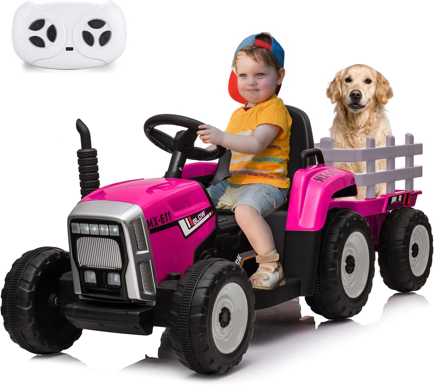 Kids Ride on Tractor with Detachable Trailer, 12V Toddler Electric Car w/Remote Control, 2+1 Gear Shift, 7 LED Headlights, Music & Horn, Ride on Toy for Boys Girls 3-8, Rose