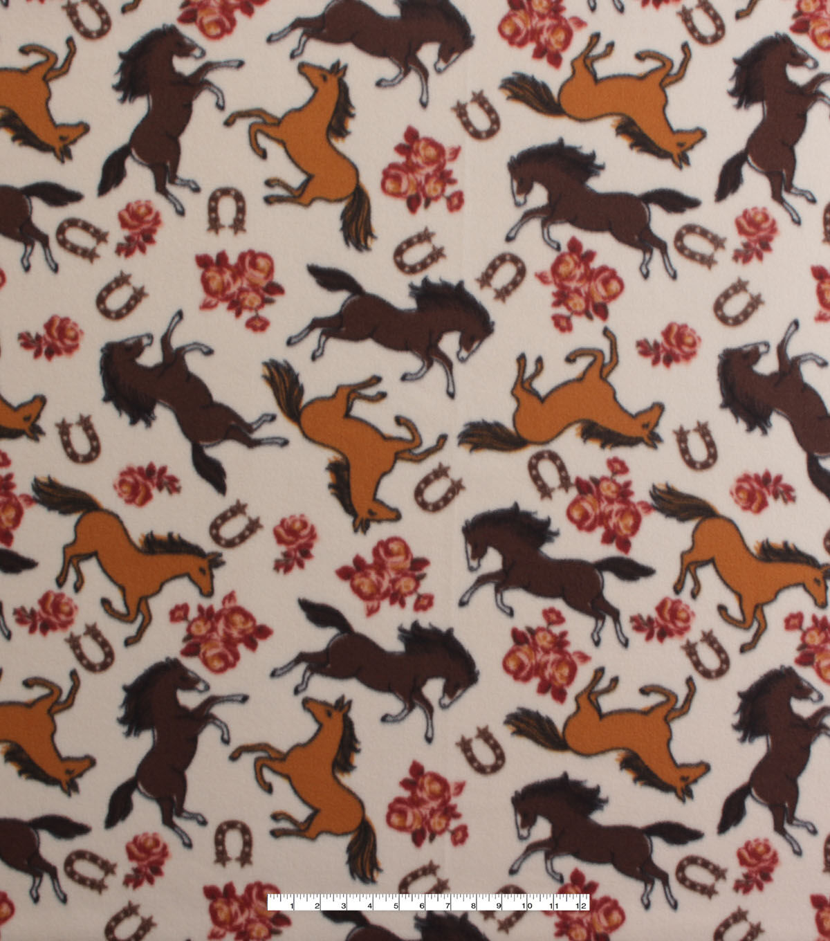 Horses & Flowers on Brown Blizzard Fleece Fabric