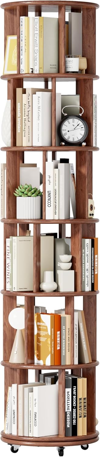 Solid Wood 6-Tier Rotating Bookshelf on Wheels, 360° Round Revolving Bookcase, Spinning BookShelf Tower for Kids Room, Narrow Rolling Bookshelves for Small Spaces, Corner, Bedroom (Walnut, 78.4'', 6)