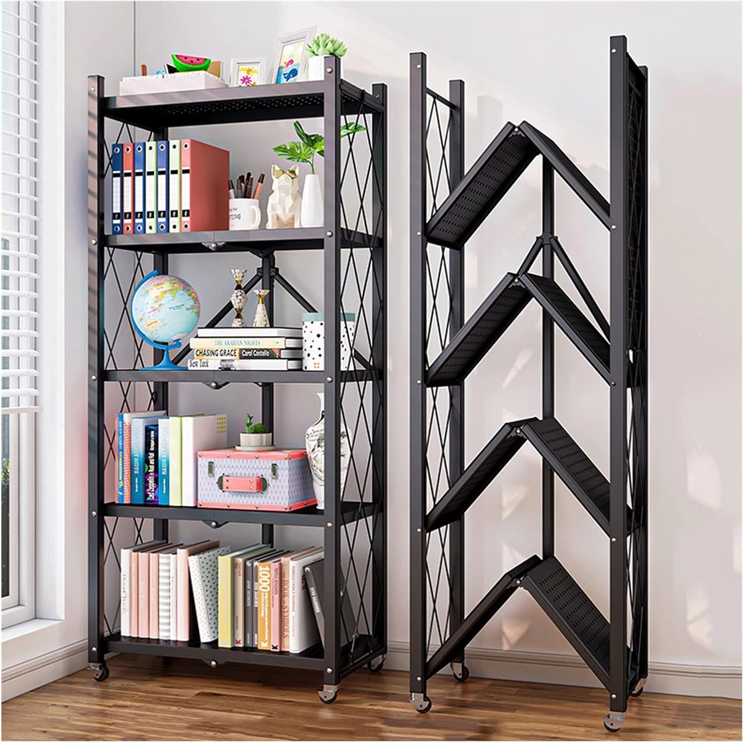 Bookshelf Folding Bookshelf Floor Simple Children's Living Room Storage Rack Bedroom Movable Iron Bookcase Storage Shelf (Color : 02) (16)
