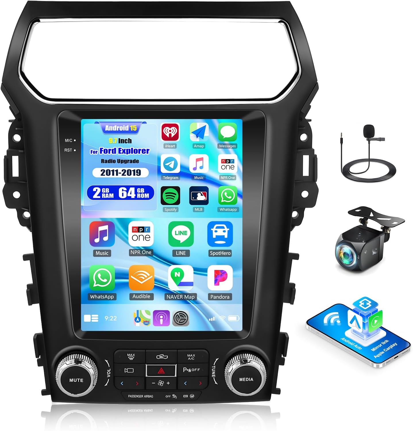 CAMECHO Android 15 2G+64G Car Radio for Ford Explorer Radio Upgrade 2011-2019