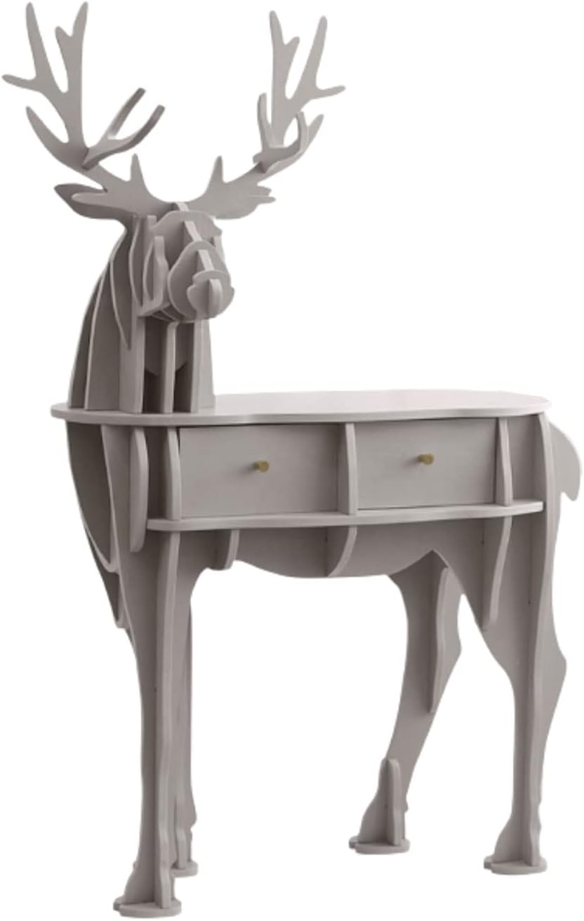 Animal Bookshelf W/ 2 Drawer Solid Wood Storage Rack Floor Standing Creative Elk Shaped Bookcase Corner Side Cabinet for Living Room