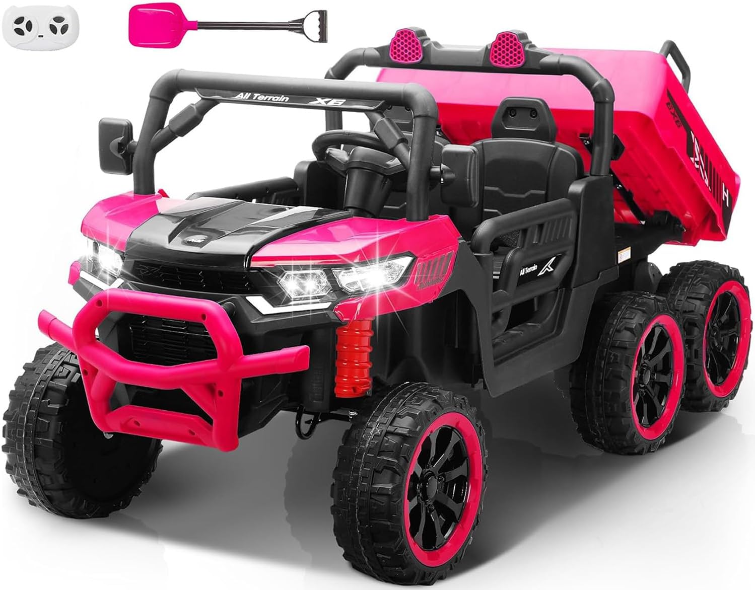 24V 2 Seater Ride on Dump Truck, 4WD 6-Wheel Ride on Toys for Big Kids with Remote Control, Ride on UTV Car with Electric Dump Bed, Toy Shovel, LED Lights & Music - Ages 3-8 (Pink)