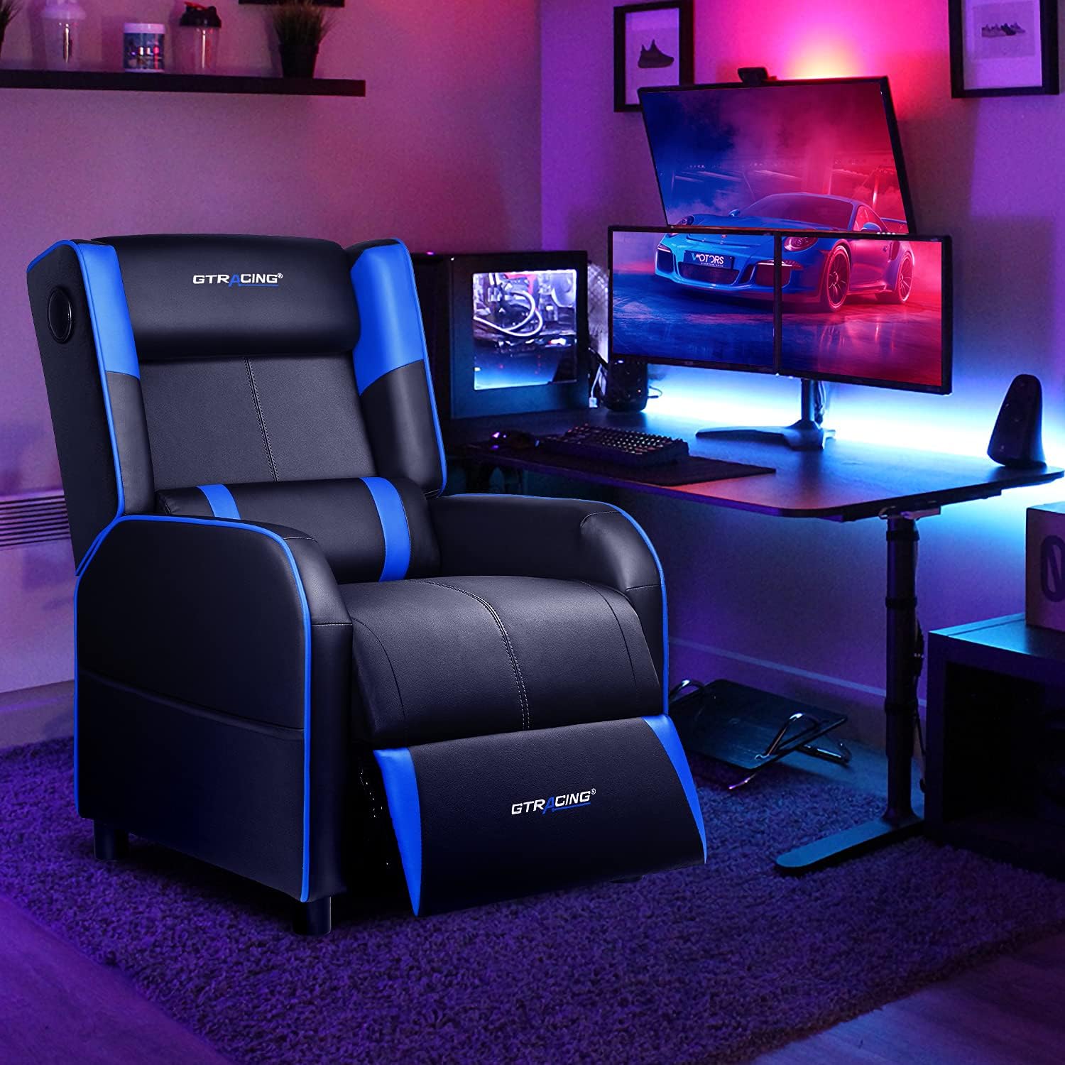 GTRACING Gaming Recliner Chair with Bluetooth Speakers Racing Style Single Gaming Sofa Modern Living Room Recliners Ergonomic Comfortable Massage Home Theater Seating, Black-Blue