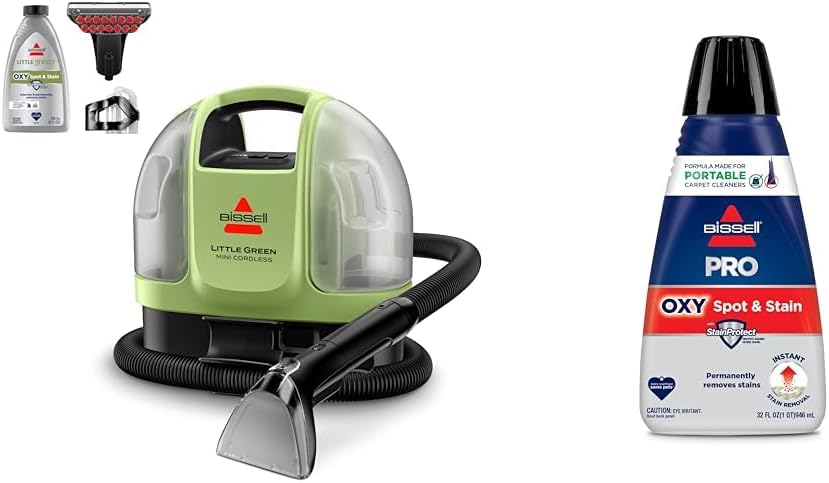 BISSELL Little Green Mini Cordless Portable Carpet and Upholstery Deep Cleaner, 4015 + Bissell Professional Spot and Stain + Oxy Portable Machine Formula, 32 Fl Oz