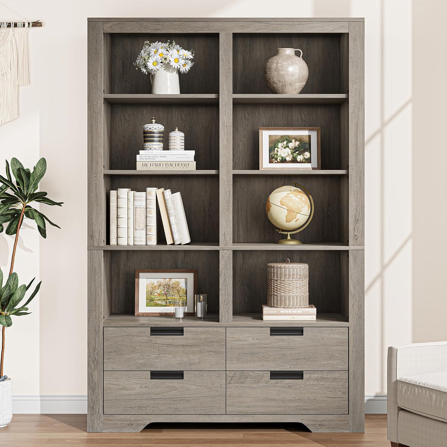 GarveeHome 72 in Tall Book Shelf with Storage, Farmhouse Floor Standing Bookcase,Book Shelf with 4 Drawers, Freestanding Display Storage Shelves for Bedrooms Home Offices, and Living Rooms