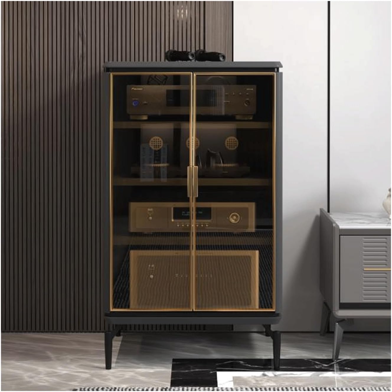 XMFBSY Medios Heavy Duty 4-Tier Media Cabinet Audio Rack DVD Players Equipment Cabinet Audio-Video Media Stand with Tempered Glass Doors for Home Organizer(Grey