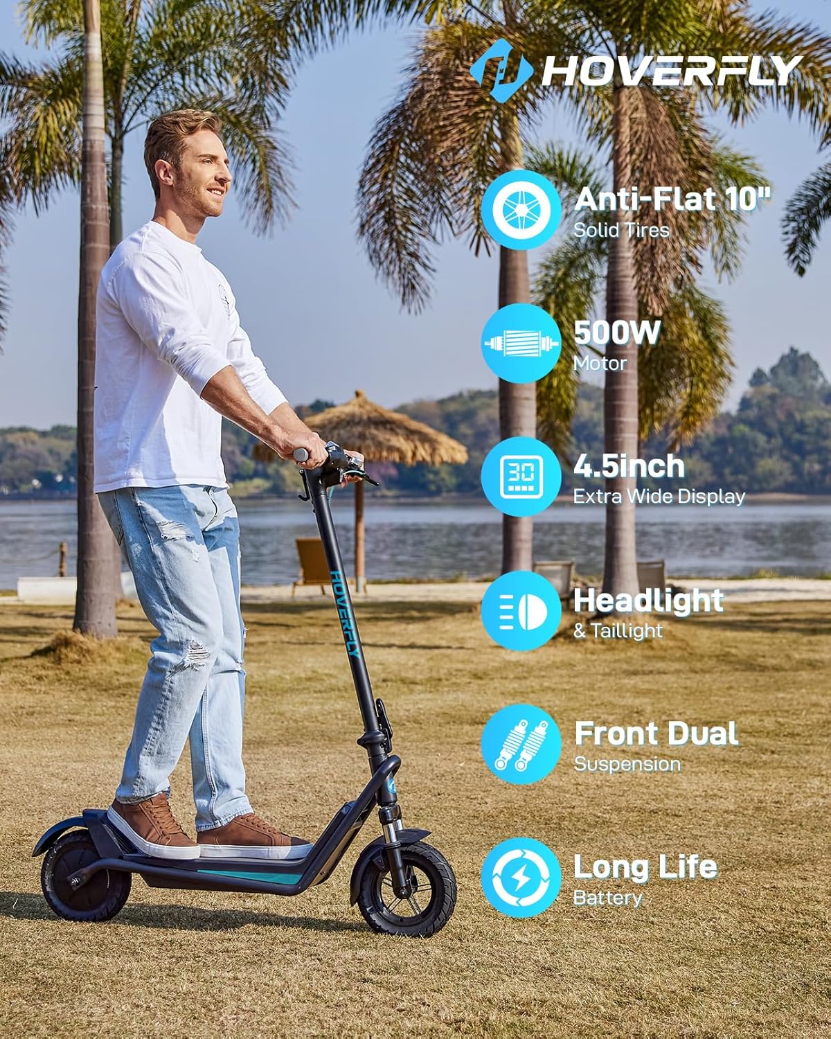 Hoverfly X3/X5 Electric Scooter for Adults, 18/25 Mile Range, 20Mph Top Speed, 500W Motor, 10'' Solid Tire, with Double Suppression Electric Code Lock Walk Assist Mode, Foldable Commuting E Scooter