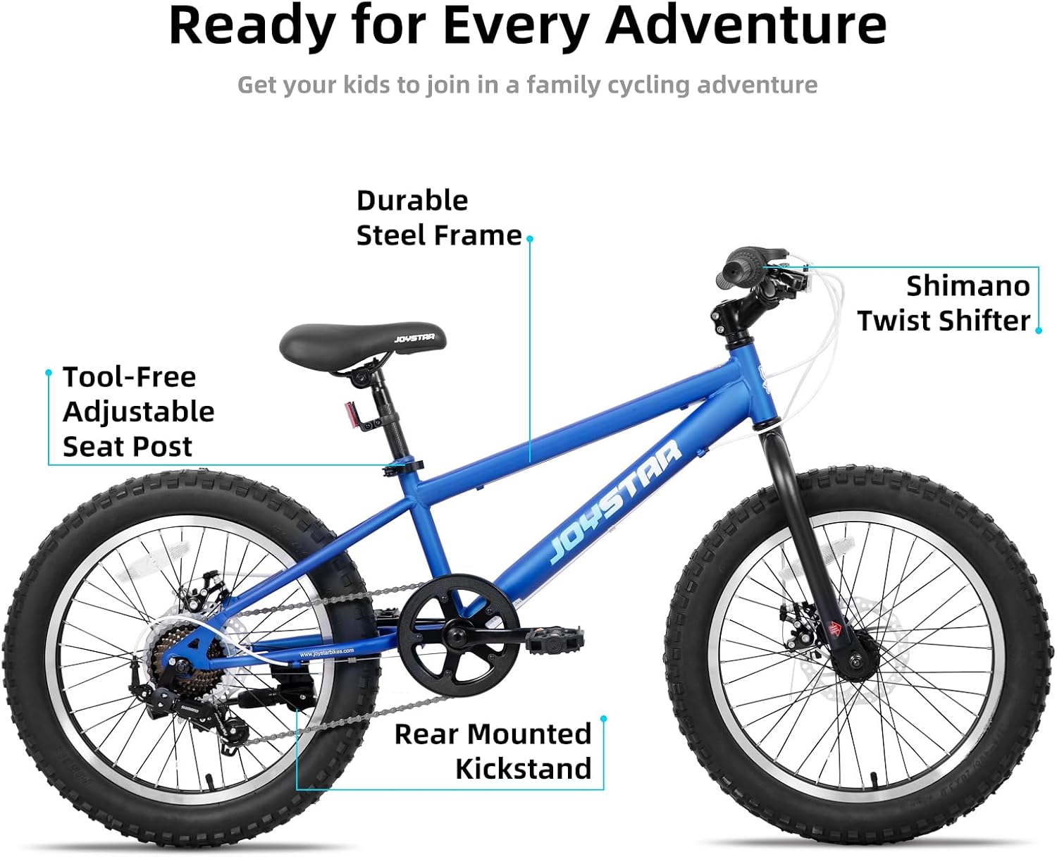 JOYSTAR 20 Inch Mountain Bike for Kids Ages 7-12 Year Old, 3-Inch Wide Knobby Tires, 7 Speed Shimano Drivetrain, Disc Brakes, Fat Tire Kids Bicycles for Boys Girls