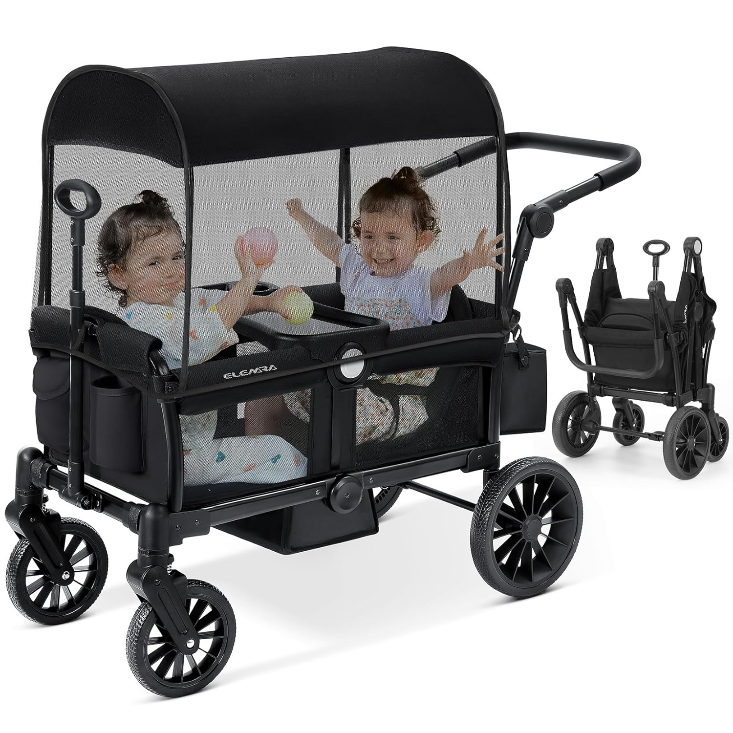 ELEMARA Wagon Stroller for 2 Kids, Premium All-Terrain Stroller with Canopy, Adjustable Push/Pull Handle Bar, Comfortable drop-down footwell and Upholstered Seats, Black
