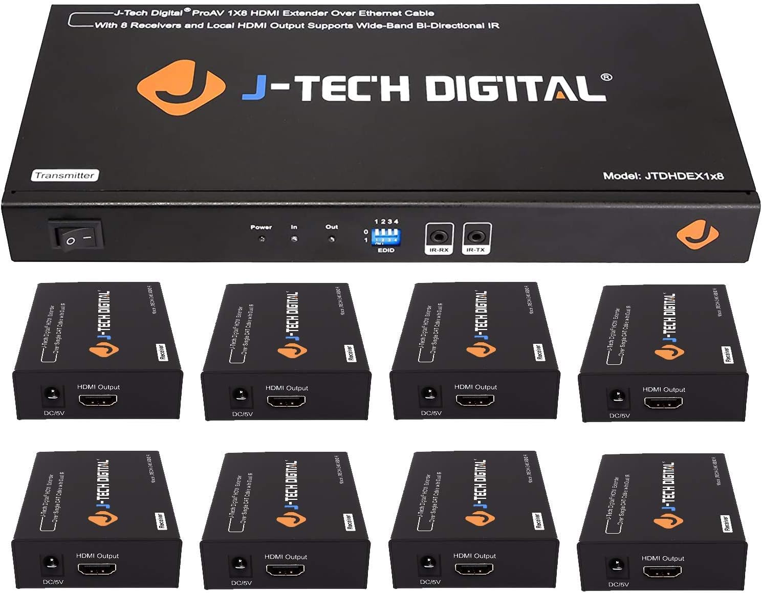 J-Tech Digital ProAV 1X8 HDMI Extender HDMI Amplifier HDMI Splitter Over Ethernet Cable with Bi-Direction IR and EDID Functions (1x8)