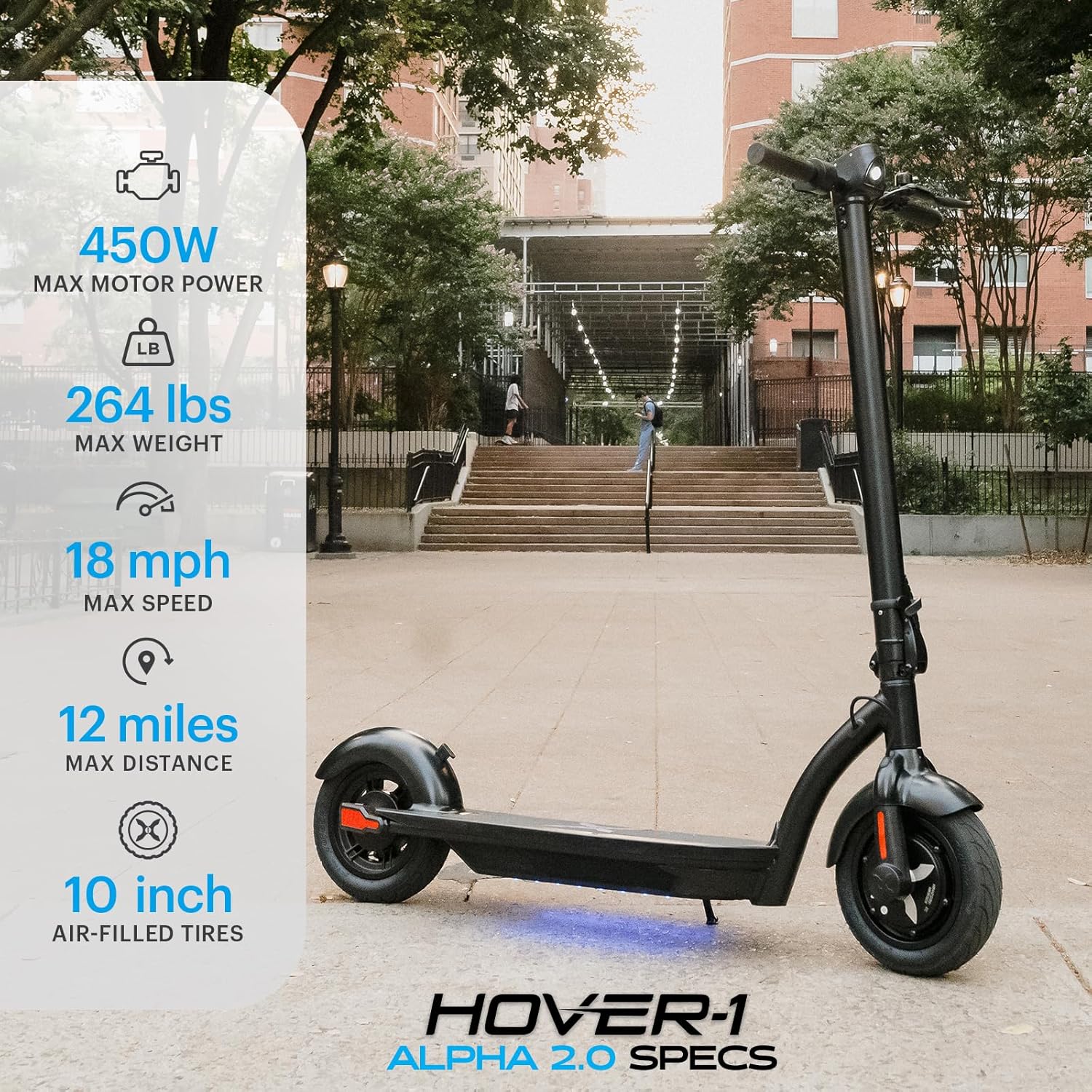 Hover-1 Alpha 2.0 Foldable Electric Scooter with 450W Brushless Motor, 18 mph Max Speed, 10” Air-Filled Tires and 12 Mile Range