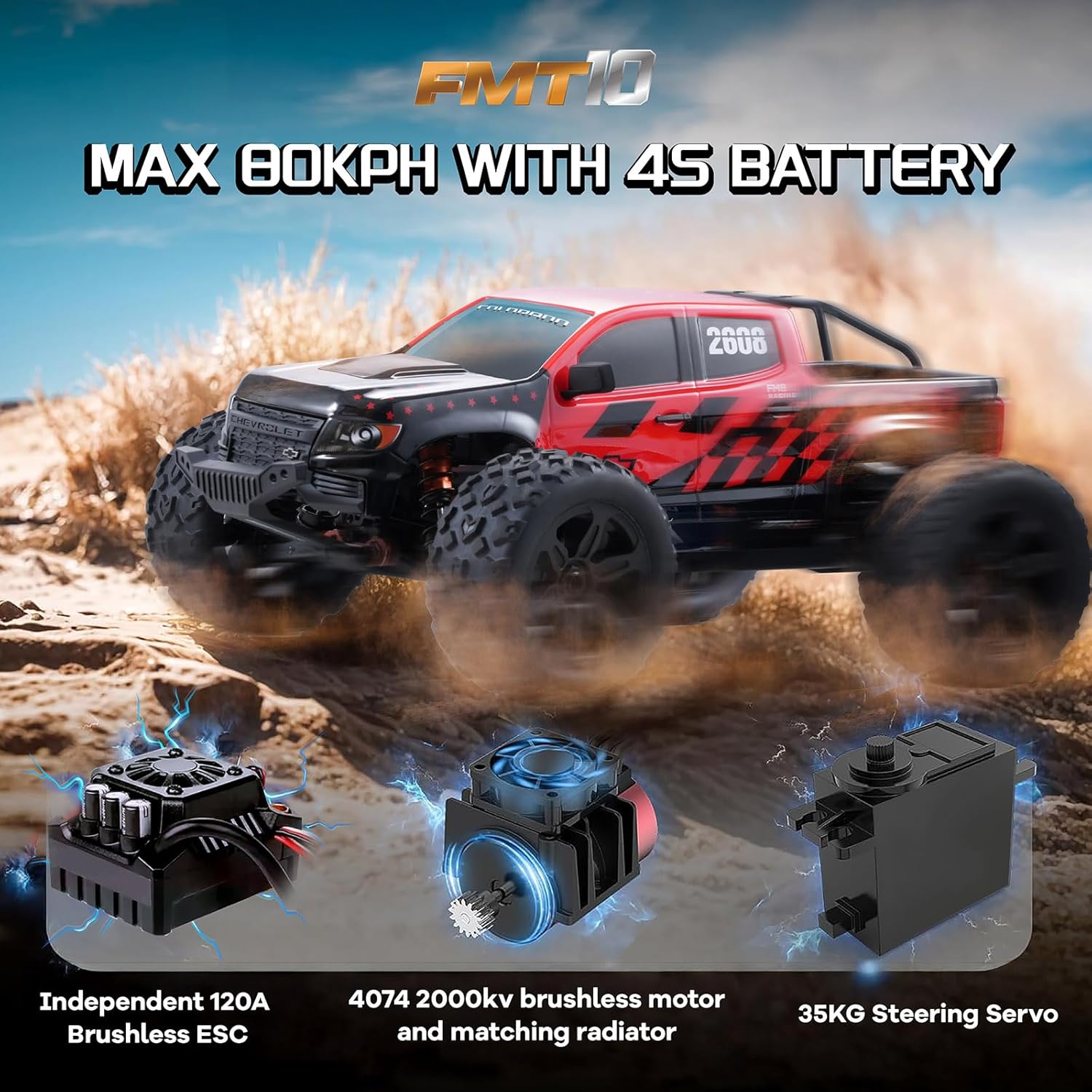 EAZYRC FMS FMT10 Chevrolet Colorado 1/10 RC Truck – Officially Licensed, 4WD Brushless Off-Road Monster Truck, FMT10 Chassis, 50MPH High-Speed All-Terrain RC Car, 4074 2000KV Motor, 120A ESC