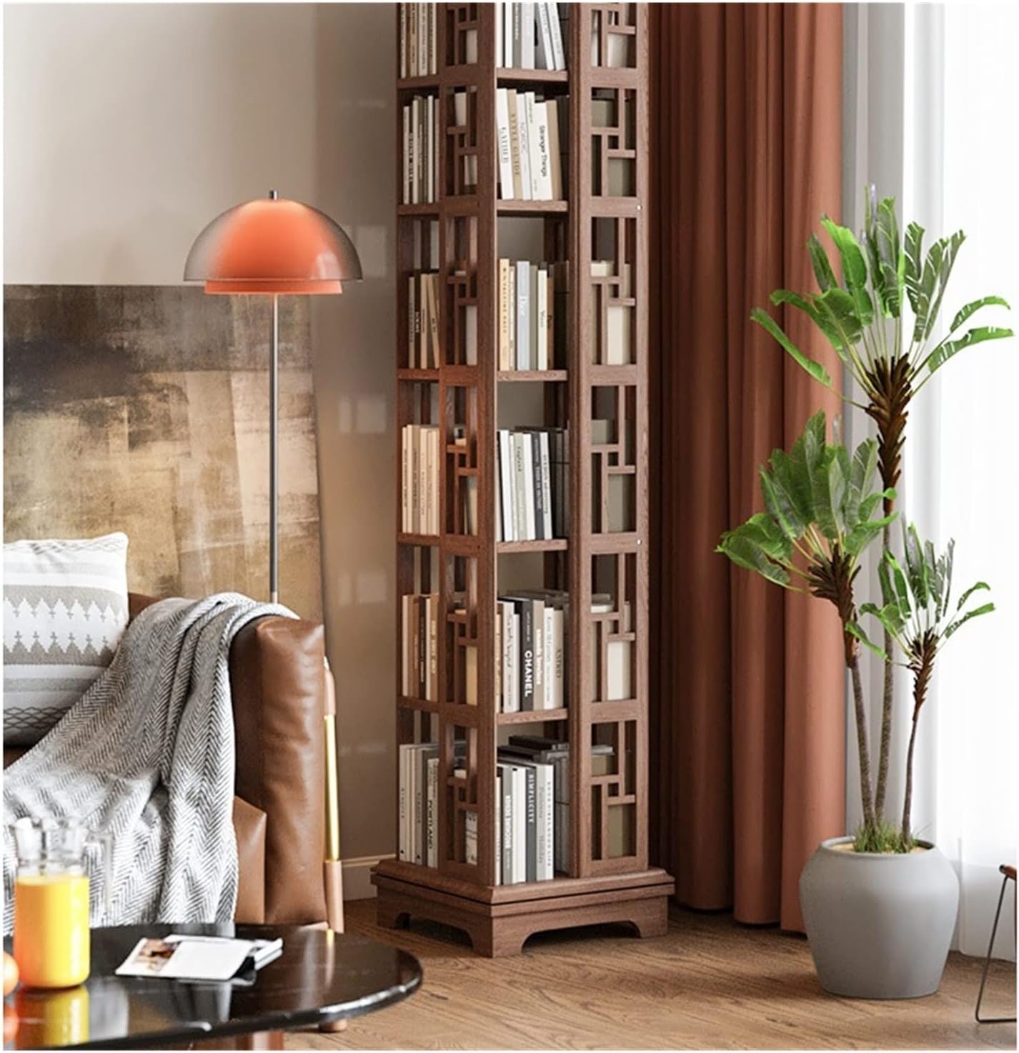 All Solid Wood Rotating Bookshelf, 360-degree Bookcase Creative Simple Floor Bookcase Shelf for Living Room MINGPING (Size : Walnut Color 6Layers 44x44x188cm)