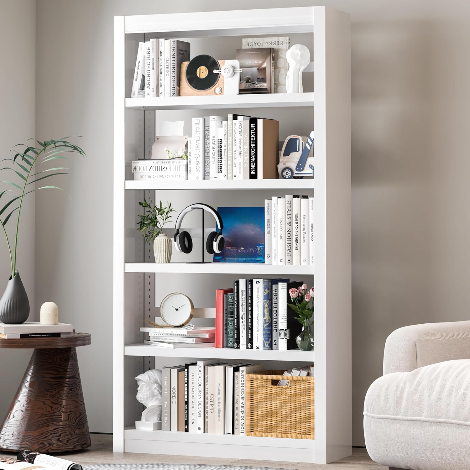 OSKEBABO 5 Tier Metal Bookshelf, 69” Tall Heavy Duty Metal Bookcase with Adjustable Shelves, Floor Standing Open Storage Shelf for Home Office, Living Room, Library, Garage, White