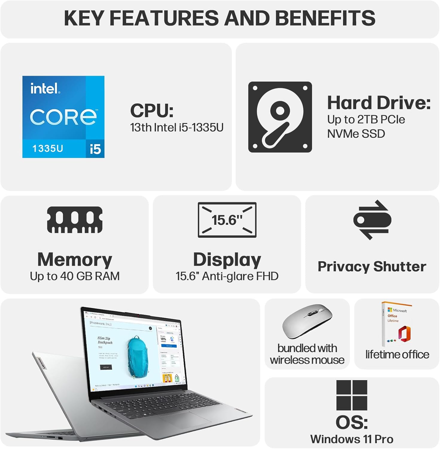 Lenovo Ideapad 1 15.6 FHD Laptop for Business & Student, Intel 10-Core i5 1335U, 40GB RAM 2TB SSD, Lifetime MS Office& Copilot AI, 10H Battery Life, Windows 11 Pro with Essential Accessory