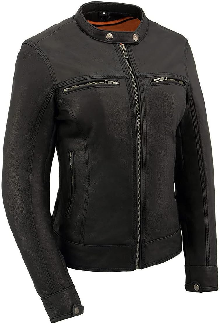 Milwaukee Leather MLL2551 Women's Scooter Black Leather Vented Lightweight Triple Stitch Motorcycle Jacket
