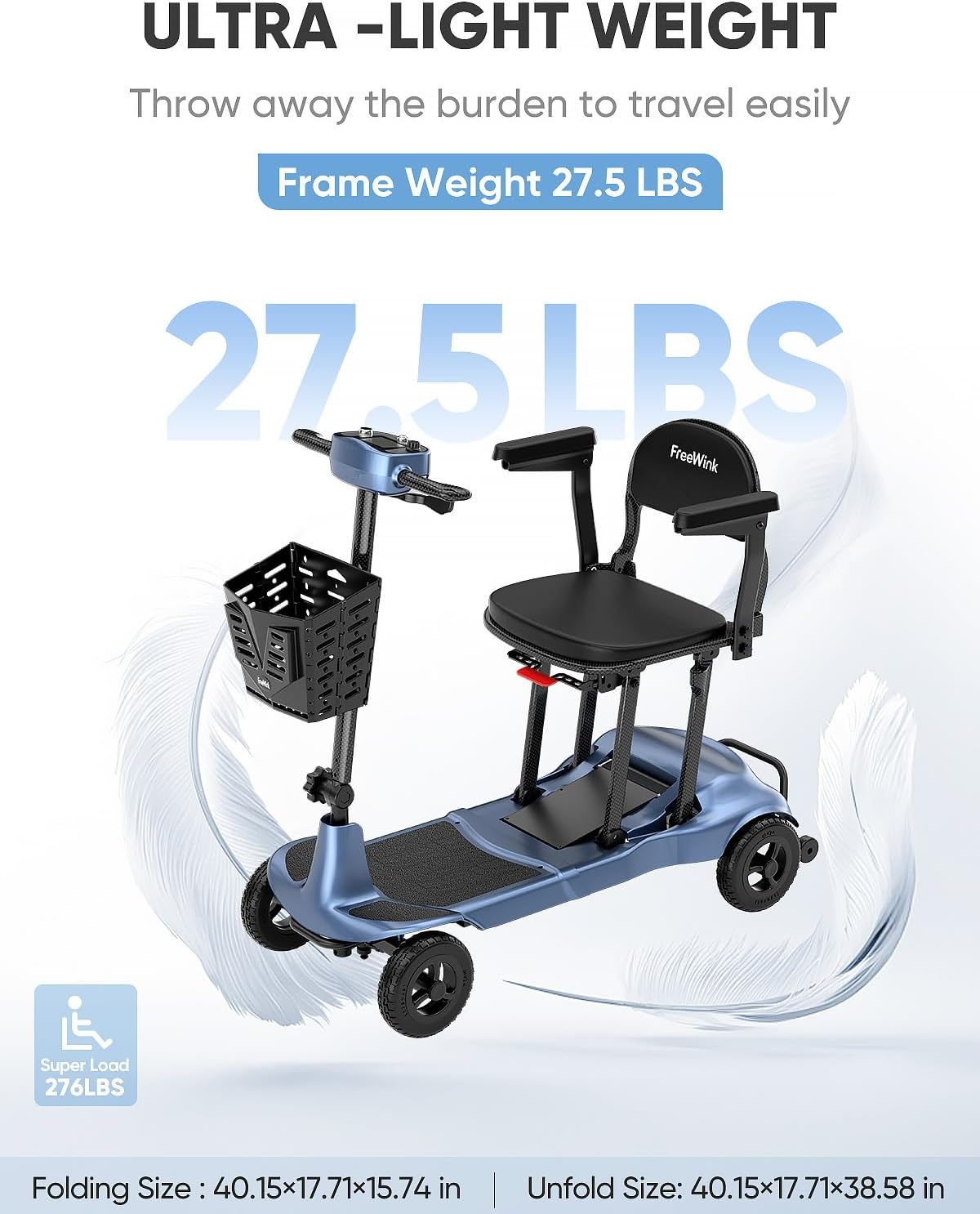Mobility Scooters for Adults & Seniors - Ultra Lightweight 27.5 lbs Carbon Fiber Folding Electric Scooter - Airlines Approved All-Terrain Portable Scooter with Basket and Charger Included-Blue