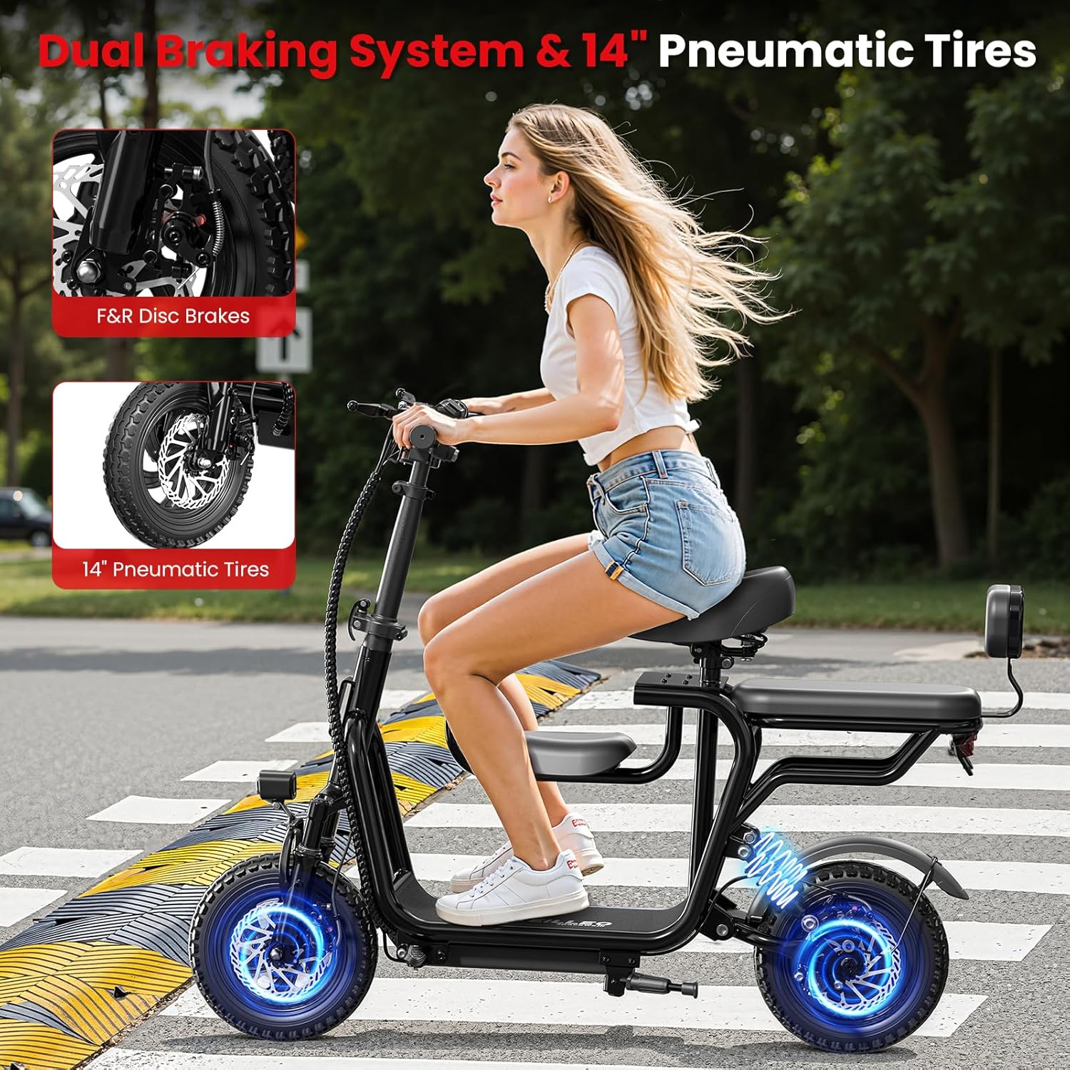 48V/36V Electric Scooter with Seat, Adult E Scooters with Seat, 372W-750W Motor, 6-20 Miles, 18.75mph/17.4mph/11.18mph, Electric Scooter for Adults, Dual Brakes, 14