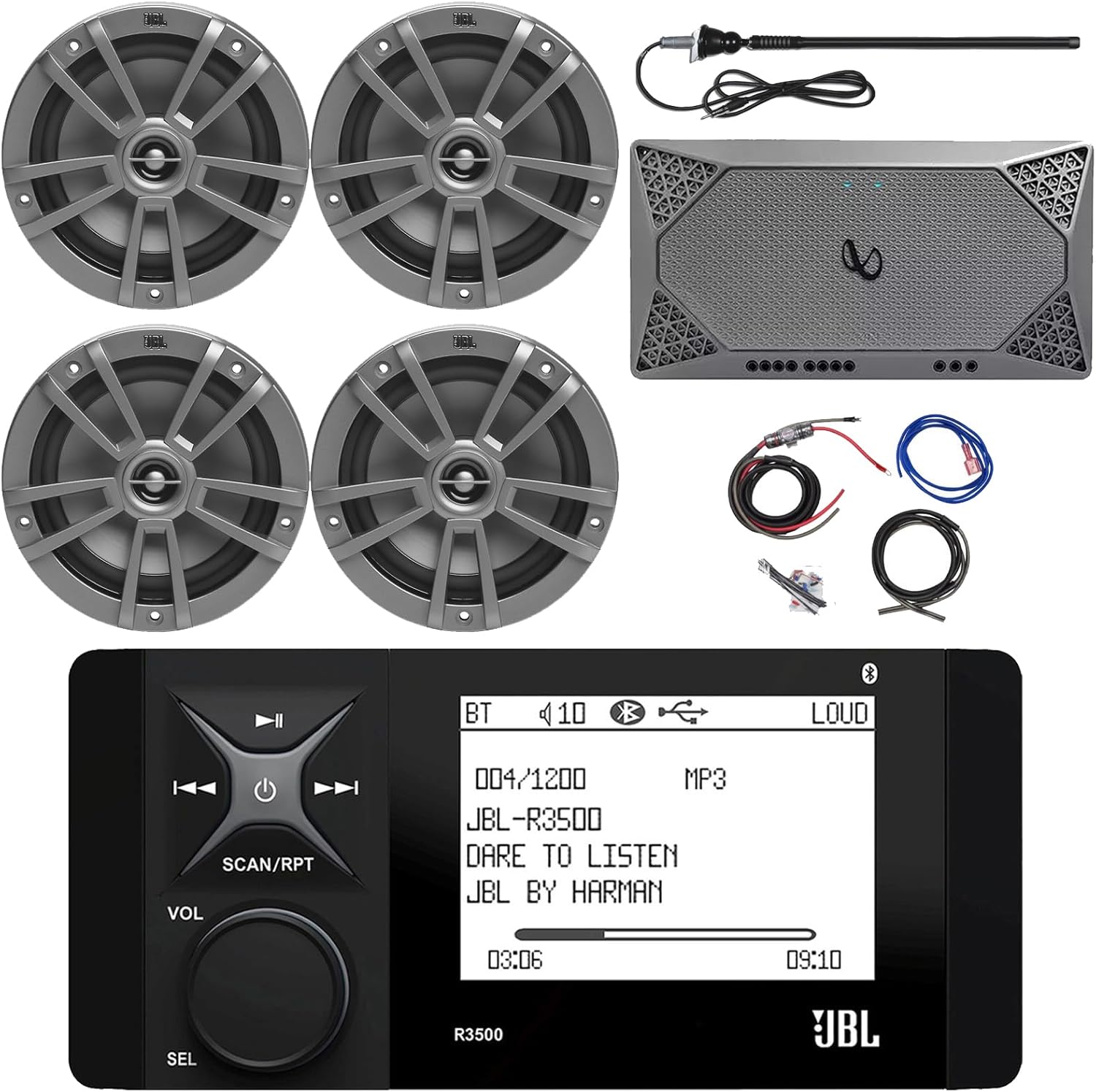 Marine Bluetooth AM/FM Radio Stereo LCD Digital Media Receiver Bundle with 4X 6.5 180W 2-Way Marine Gray Speakers