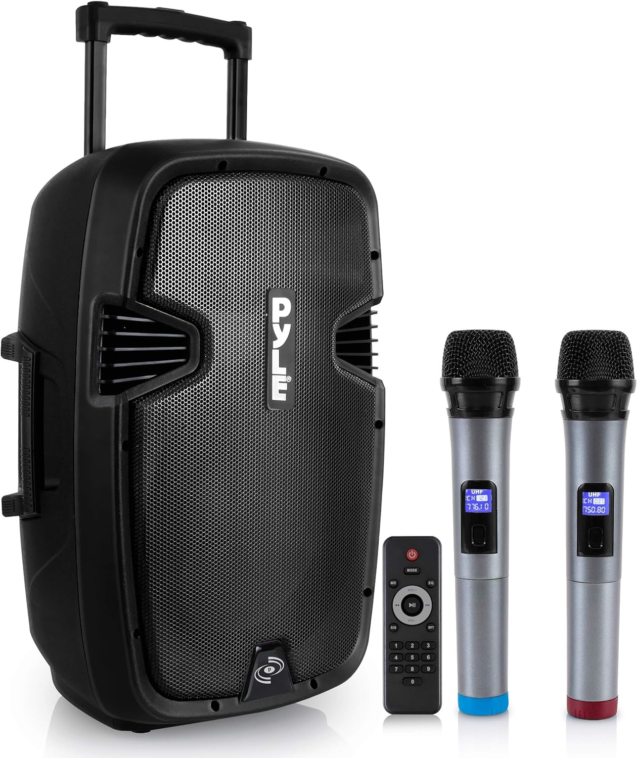 Pyle Karaoke Portable PA Speaker System - 1600W Active Powered Bluetooth Compatible Speaker, Rechargeable Battery, Easy Carry Wheels, USB MP3 RCA, FM Radio, 2 UHF Microphone, Remote - Pyle PPHP1599WU