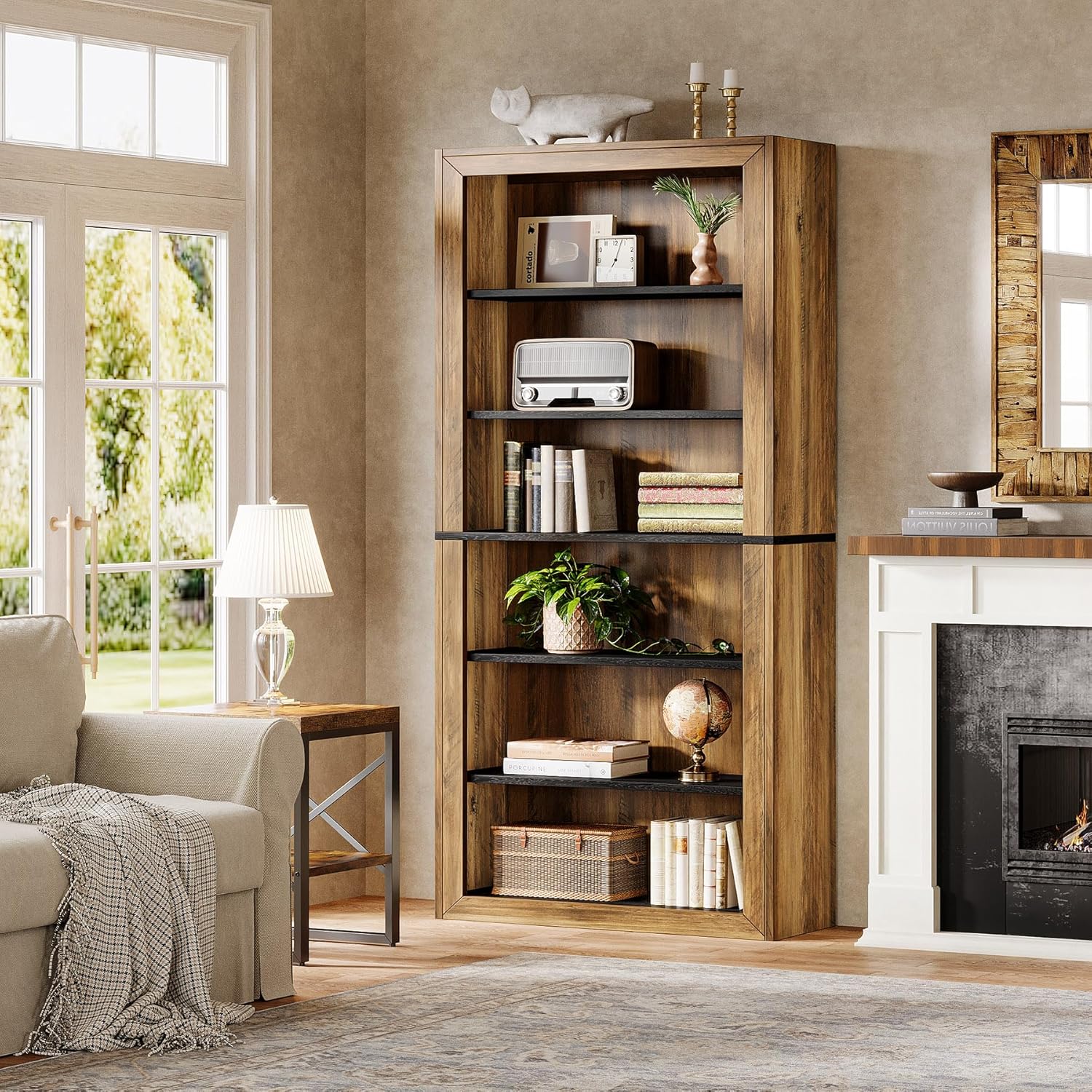 Tribesigns 7-Tier Tall Bookcase Vintage Wood Display Bookshelf for Living Room, Office & Bedroom (1, Black + Brown)